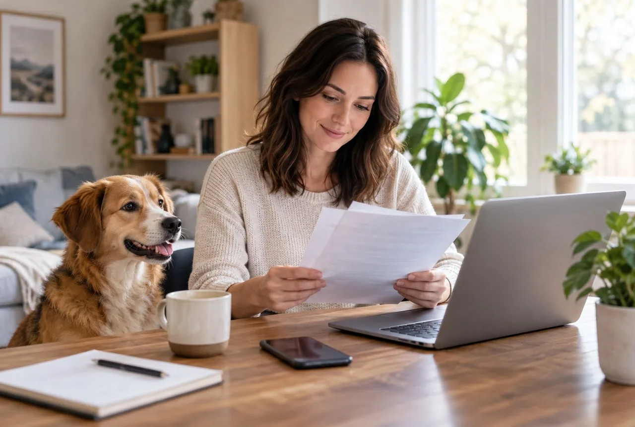 Dog beside its owner as she reviews papers and a laptop